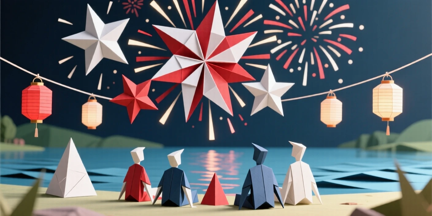 A Fourth of July fireworks display bursting over a lakeside gathering.