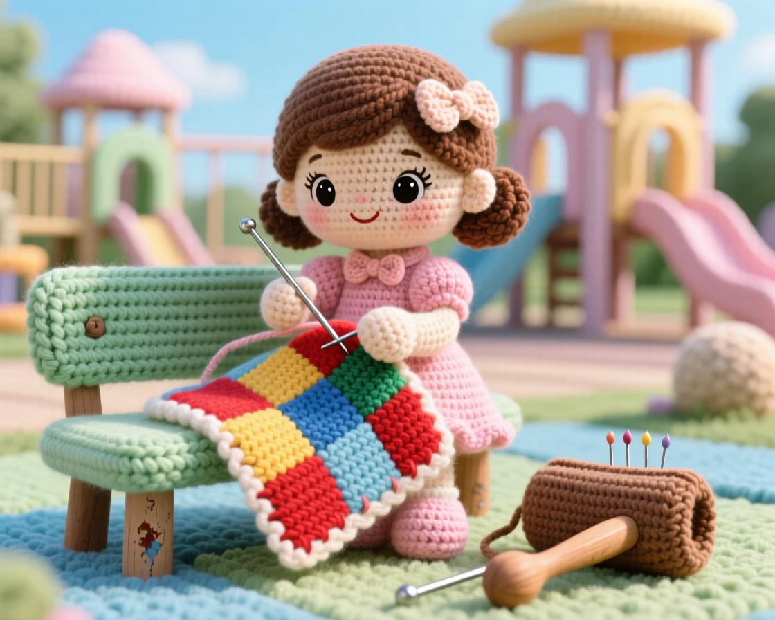 a little girl learning to sew, with a needle and colorful fabric, is captured stitching a small patch onto a quilt in a community playground on a clear day beside a favorite well-worn tool resting close by, showing the simple happiness of a favorite pastime.