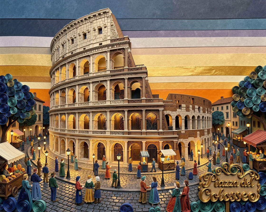 A breathtaking view of the Colosseum bathed in warm evening light surrounded by bustling, colorful street life, in a rich palette of blue, teal, and gold, captured with warm foreground details leading to the horizon.