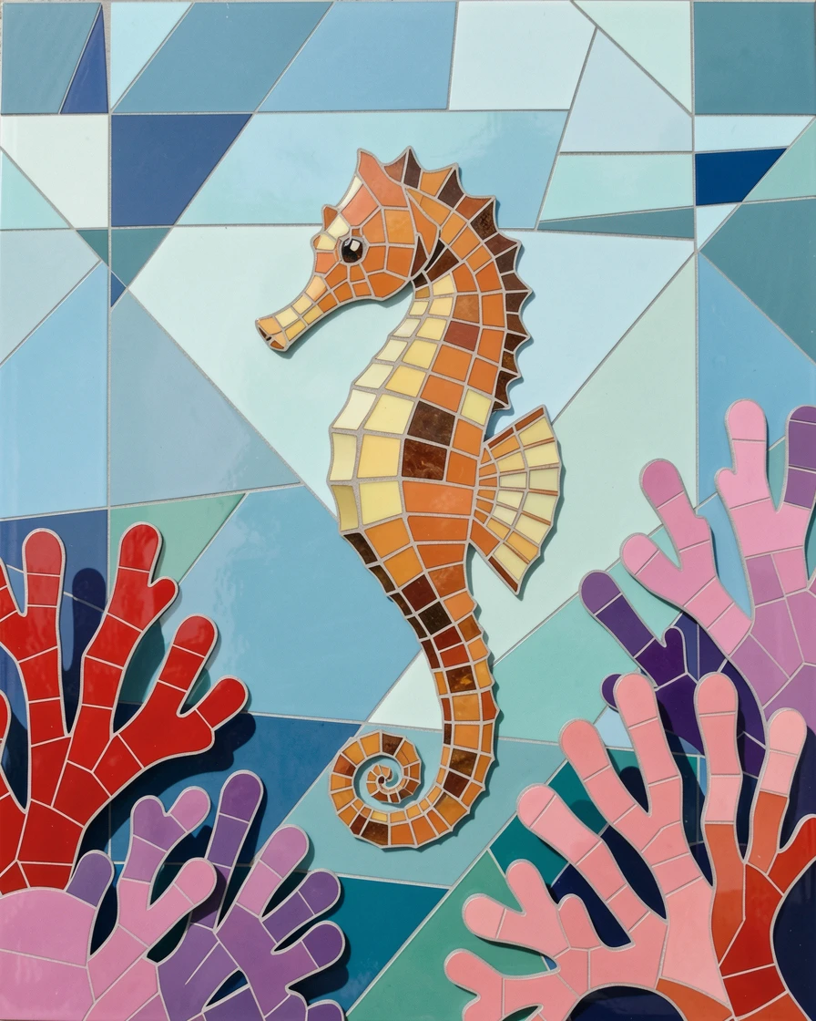 A seahorse drifting gently among colorful coral, captured in soft natural light with a shallow depth of field.