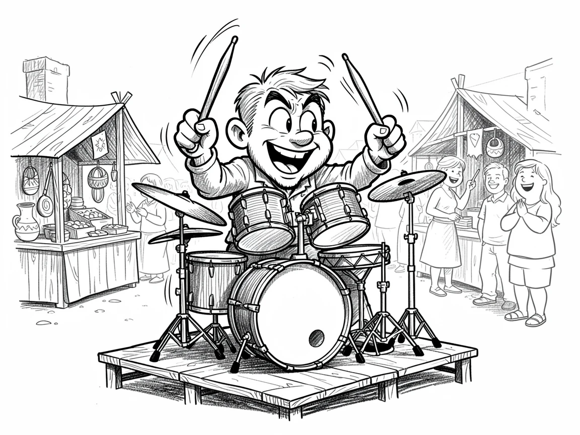 A drummer playing an upbeat rhythm on a stage at a countryside craft fair.