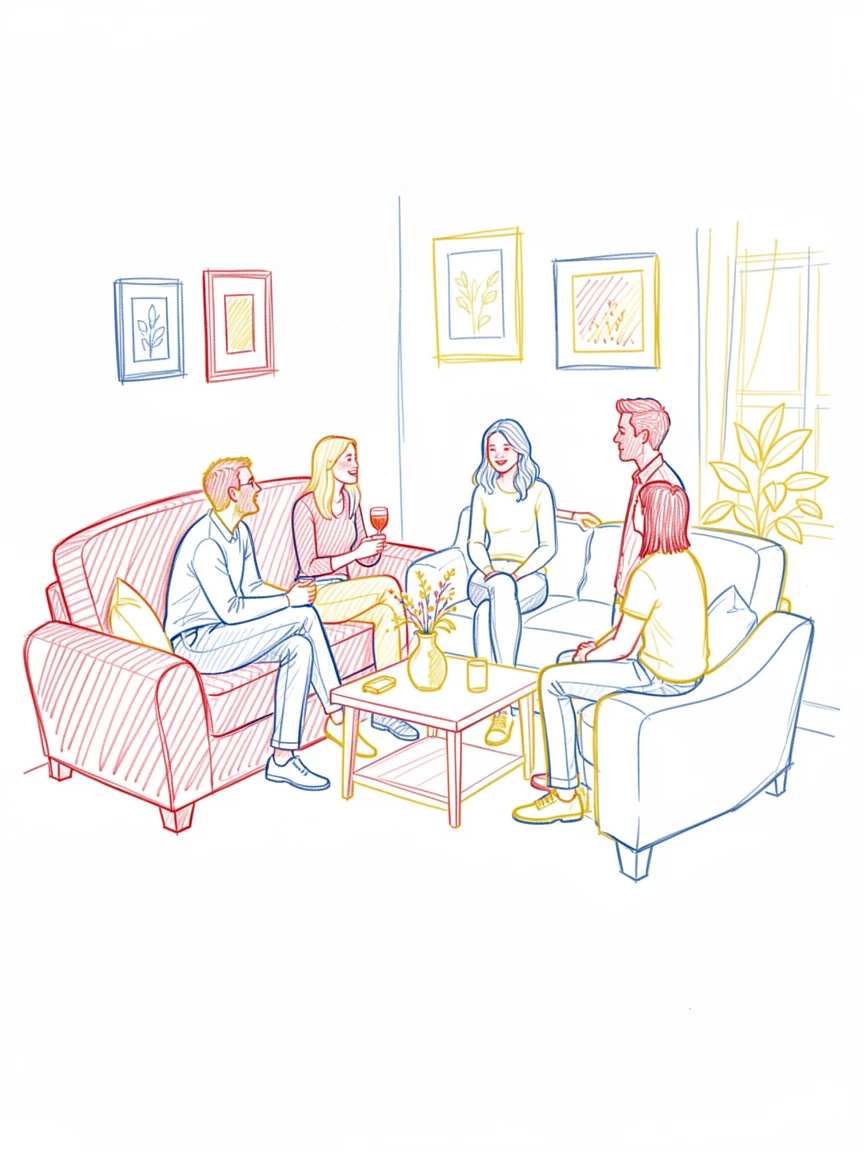 A quiet housewarming party with friends gathered in a newly decorated home