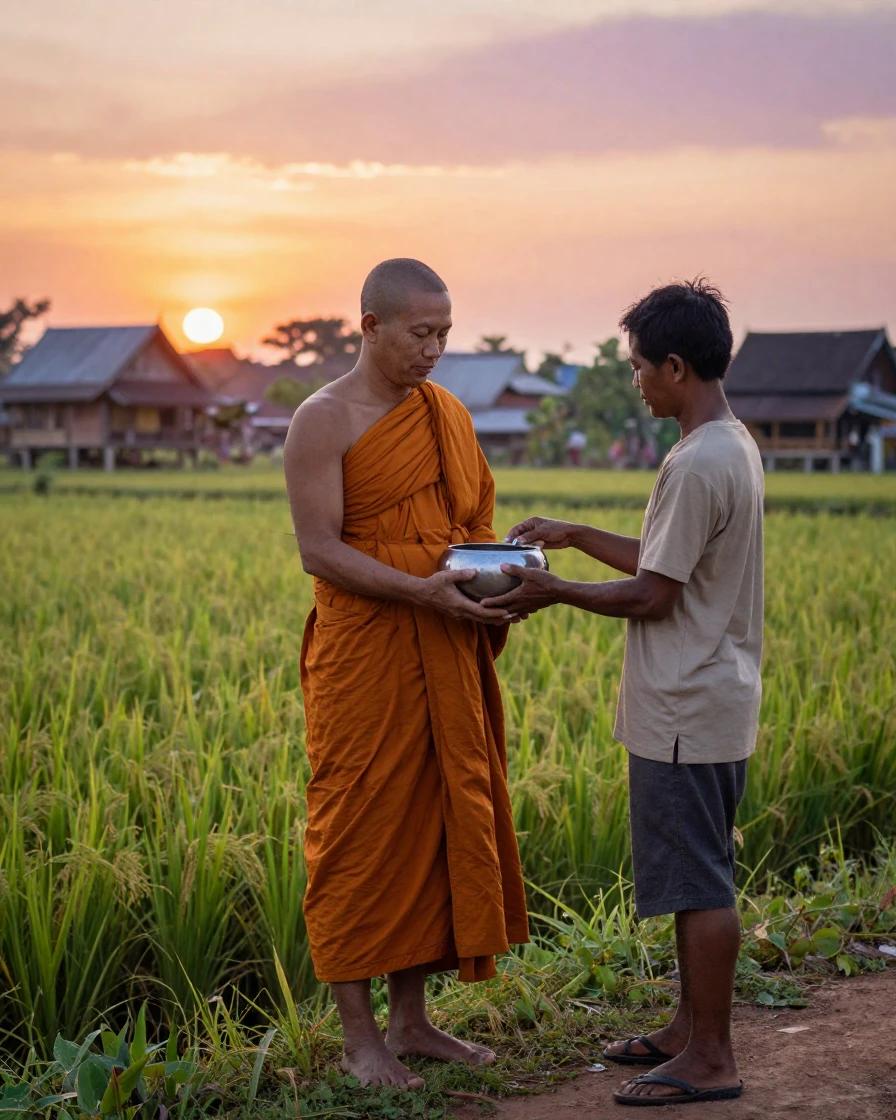A Thai monk receiving alms at sunrise