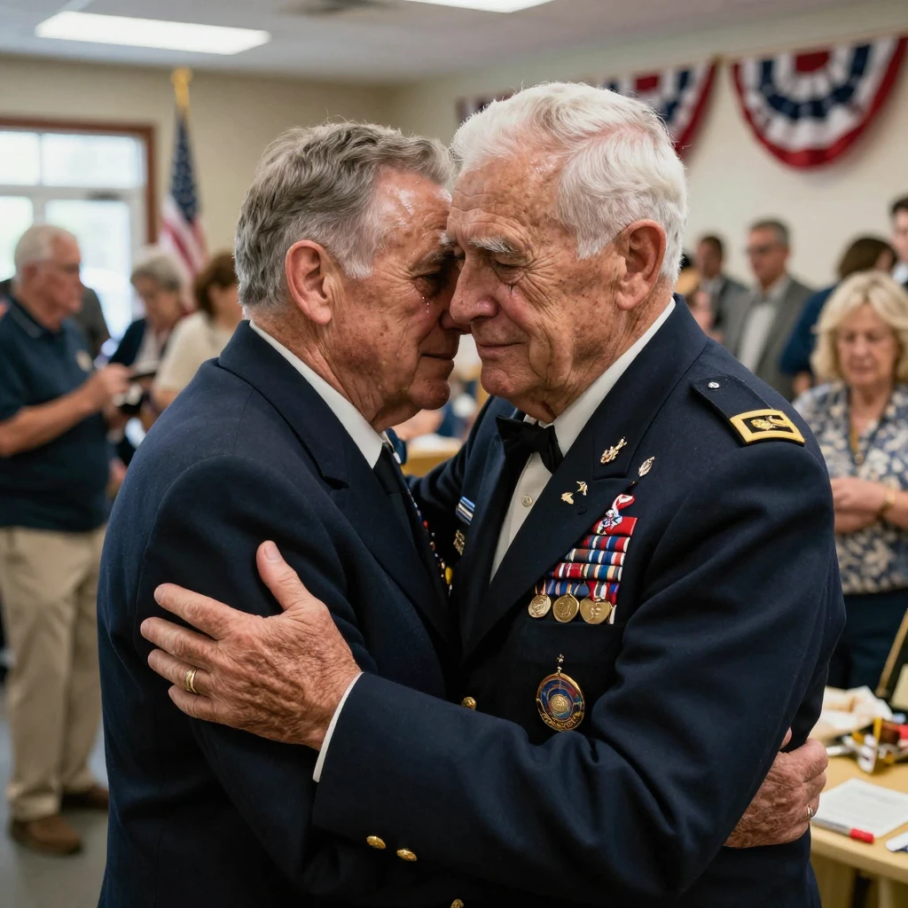 Two old war veterans embrace at a reunion, medals pinned to their jackets, both fighting back tears.