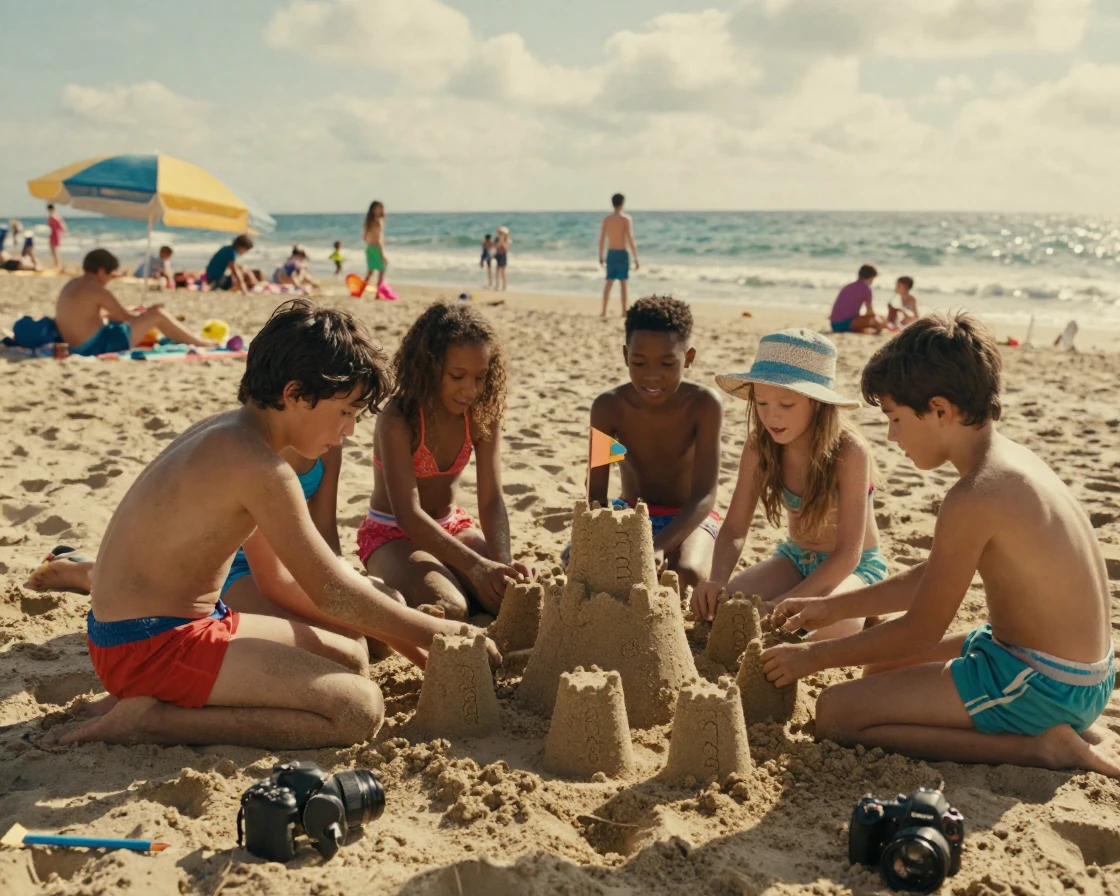 A group of children building a sandcastle together on a crowded summer beach