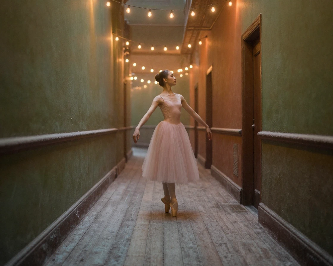 A young ballerina stretching quietly backstage before a performance, under strings of warm string lights, with frost coating every surface, in the mild days of early autumn, with muted olive and rust colors, framed symmetrically down a long corridor.