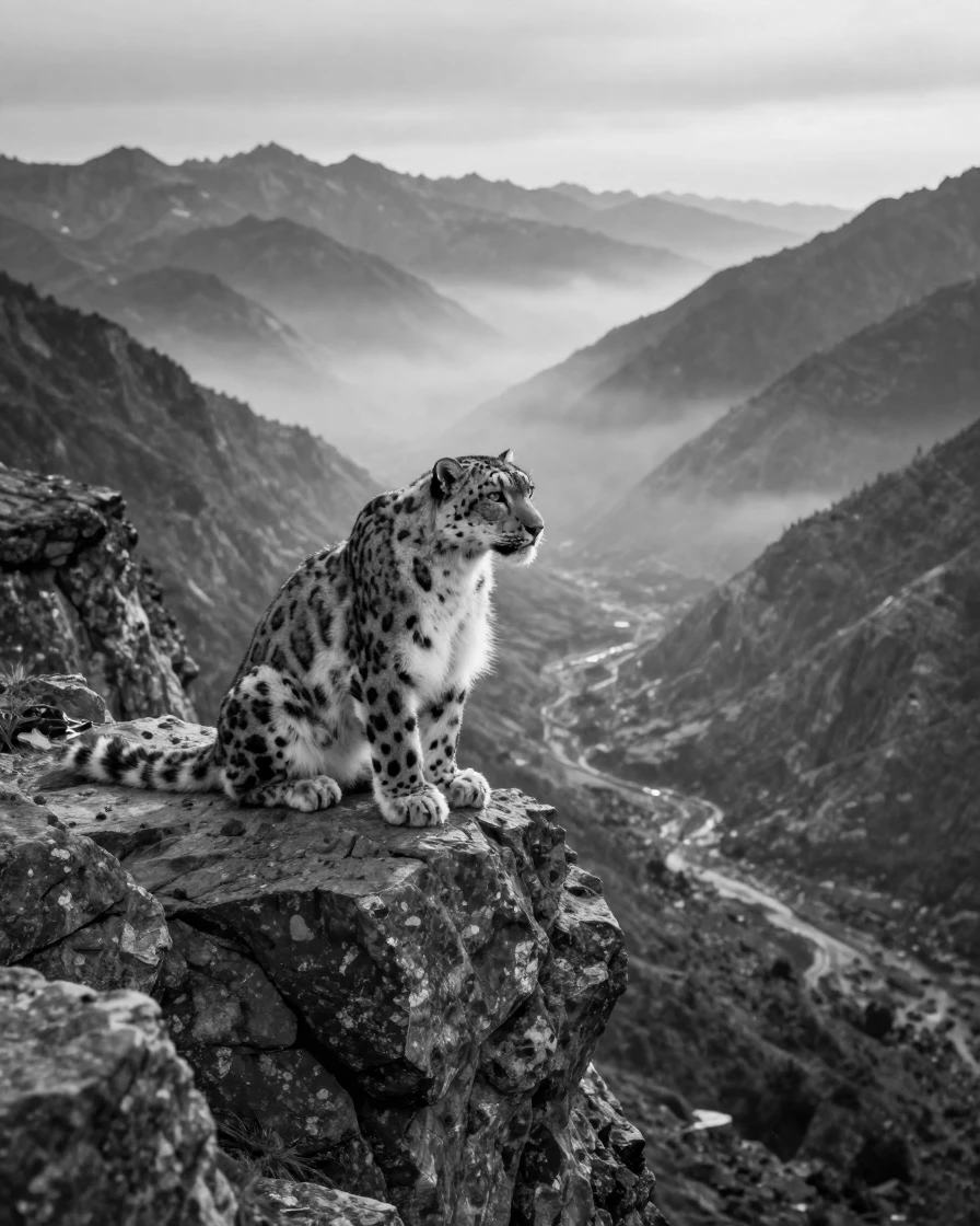 A snow leopard perches on a rocky ledge overlooking a valley high in the Himalayas.