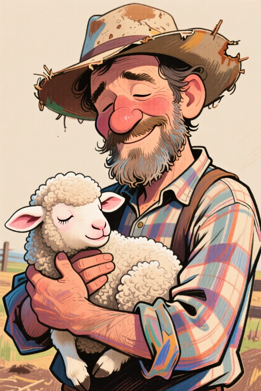 A farmer cradling a newborn lamb, both looking equally sleepy and content.