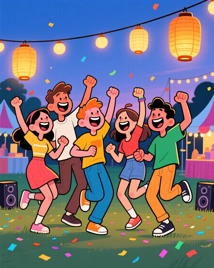 A festive celebration scene of a group of friends dancing joyfully at an outdoor festival, with warm lanterns glowing softly nearby.