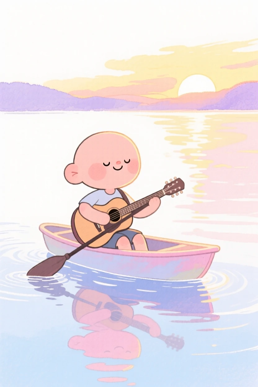 A guitarist paddling calmly across a glassy lake at sunrise