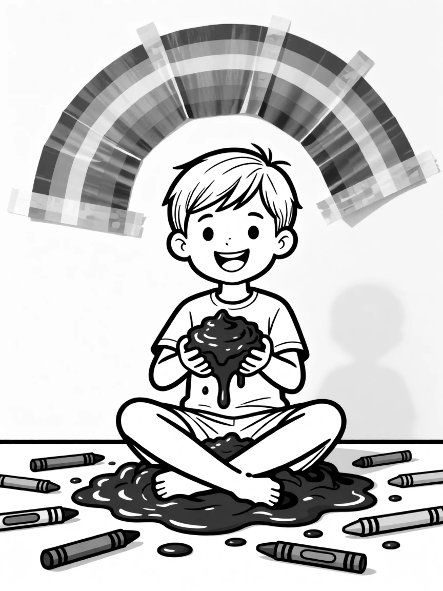 A kid proudly displaying a mud pie masterpiece, landing in a heap with legs comically tangled, set at a table covered in scattered crayons. A crayon rainbow is taped crookedly to the wall. The image radiates the carefree magic of being young.