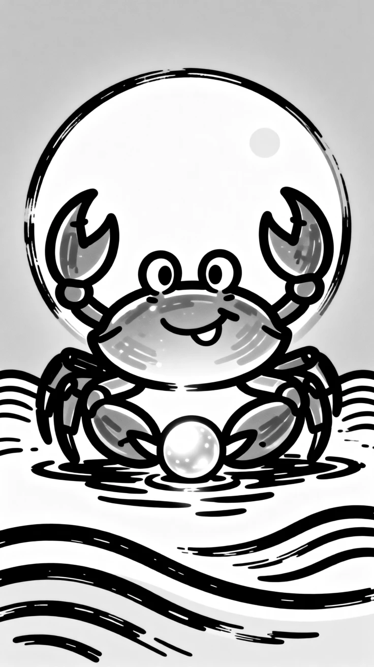 A Cancer archetype: a gentle crab cradling a glowing pearl beneath a full moon over calm waves.