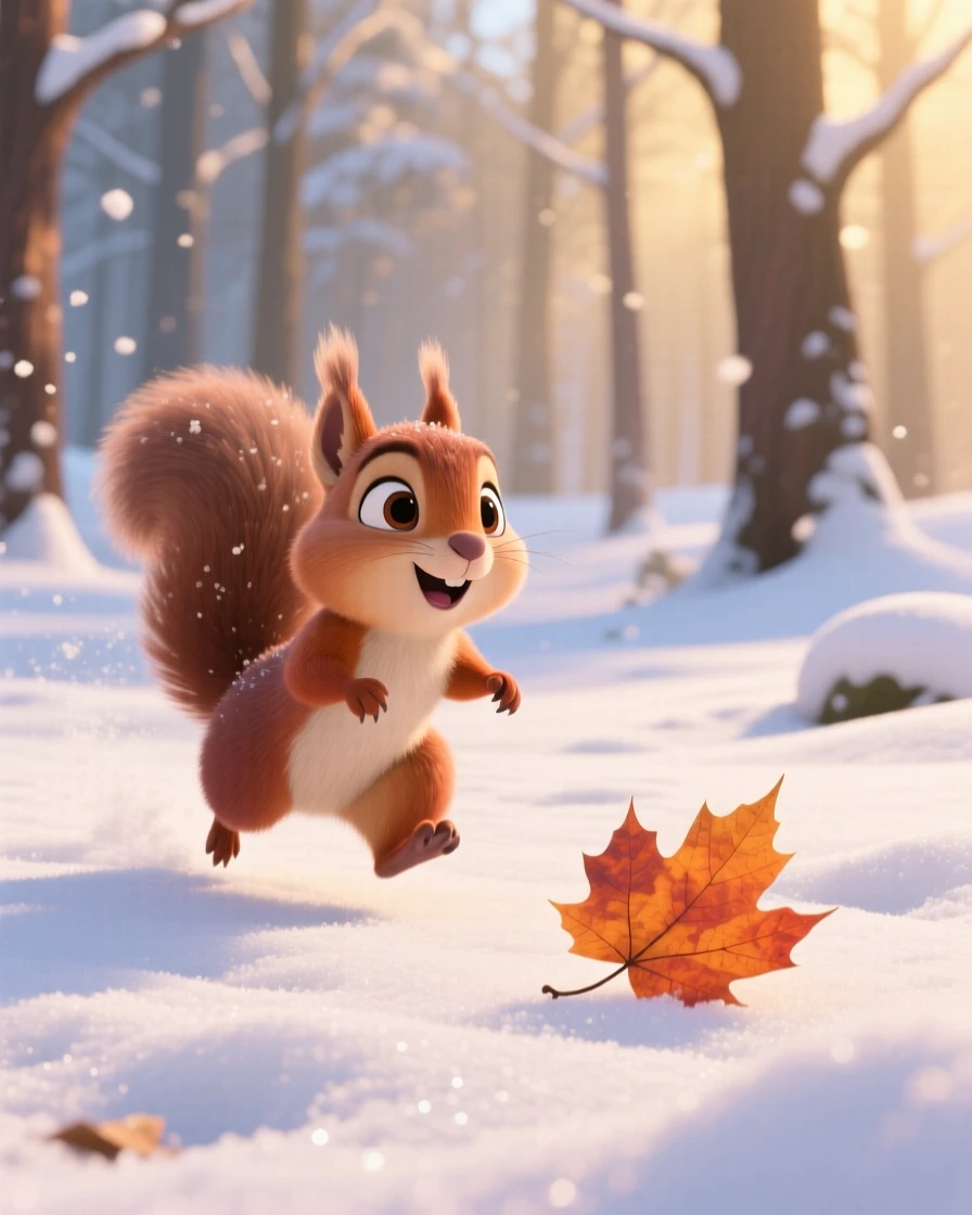 A baby squirrel is hopping through freshly fallen snow, wiggling its ears at a sound. The scene feels warm and heartwarming, with a single fallen leaf beside it.