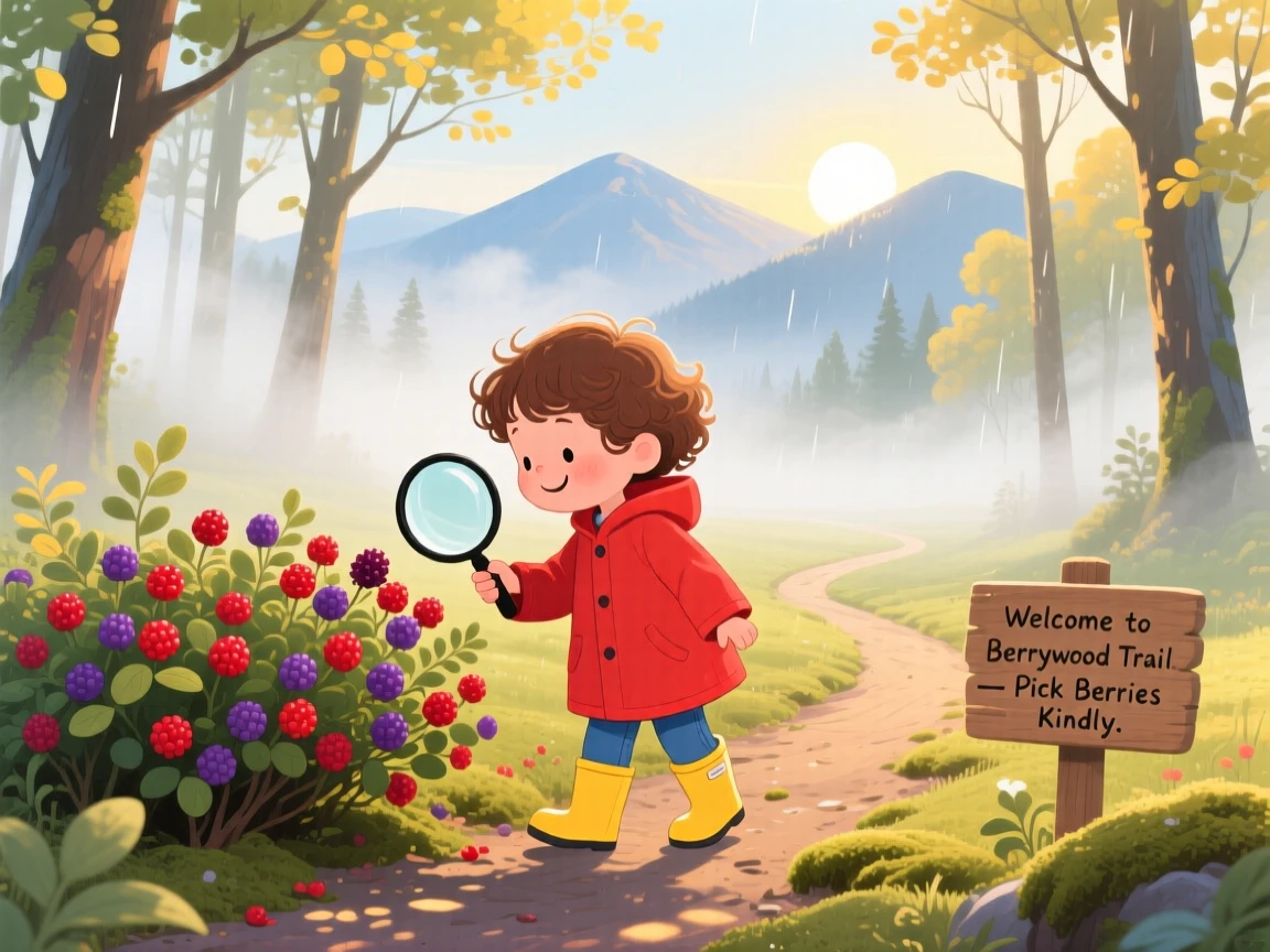 In a foggy morning woodland, a child with a magnifying glass is picking wild berries along a sunny trail, with distant mountains glowing in the morning light.