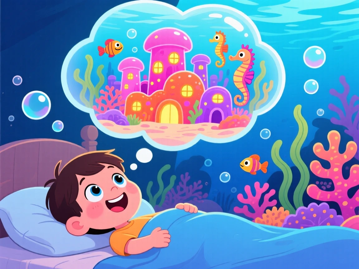 A child dreaming of exploring a glowing coral city under the sea.