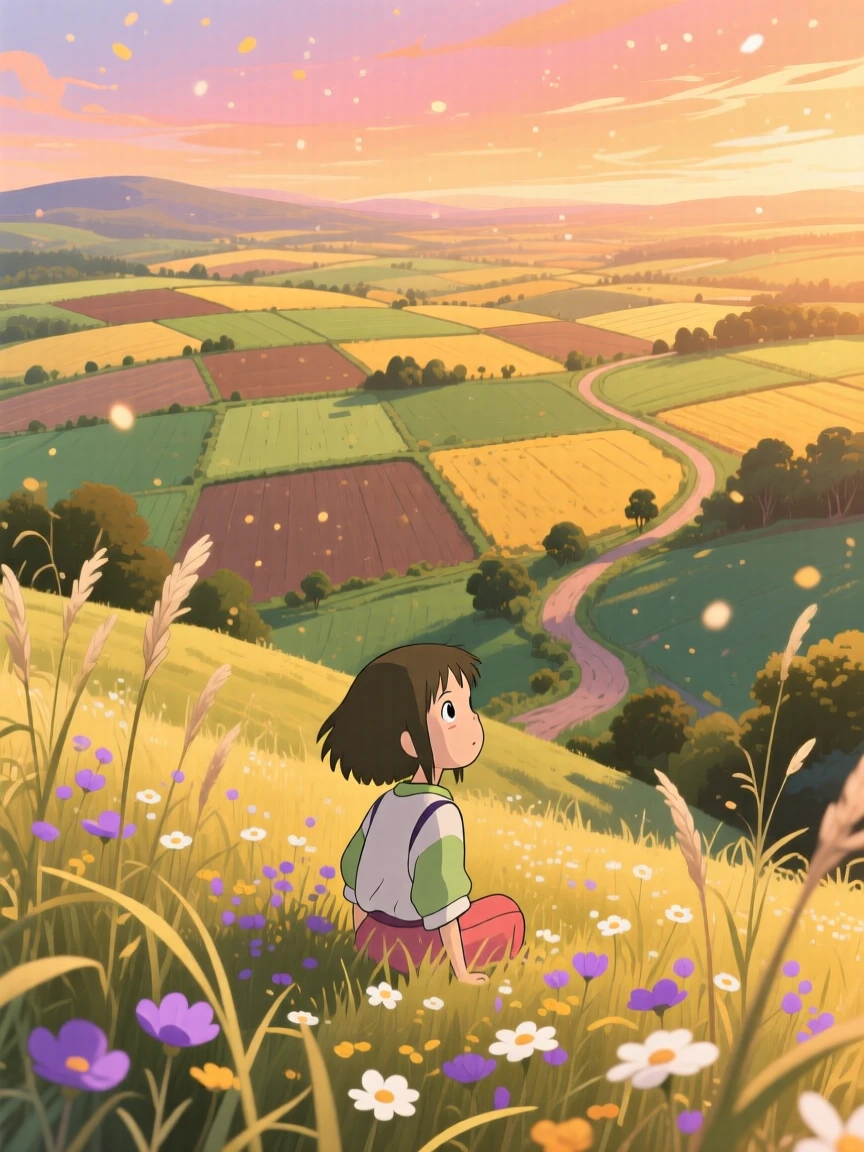 A breathtaking view of a patchwork of farmland seen from a hilltop, with wildflowers swaying gently in the breeze, at golden hour, seen through a gentle foreground of grass.