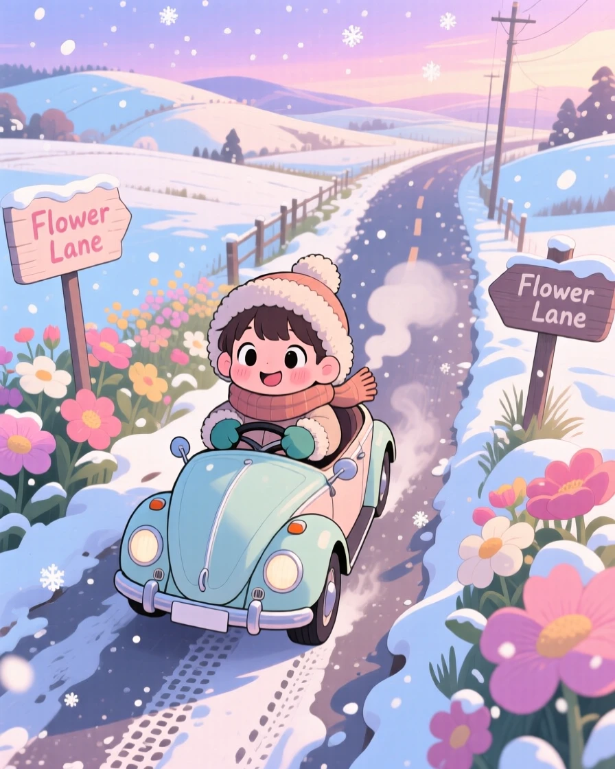 High aerial view: a child, riding in a vintage car through a flower-lined lane, set against a charming countryside road during a cozy winter snowfall, with soft pastel light of dawn and a mood of proud determination.