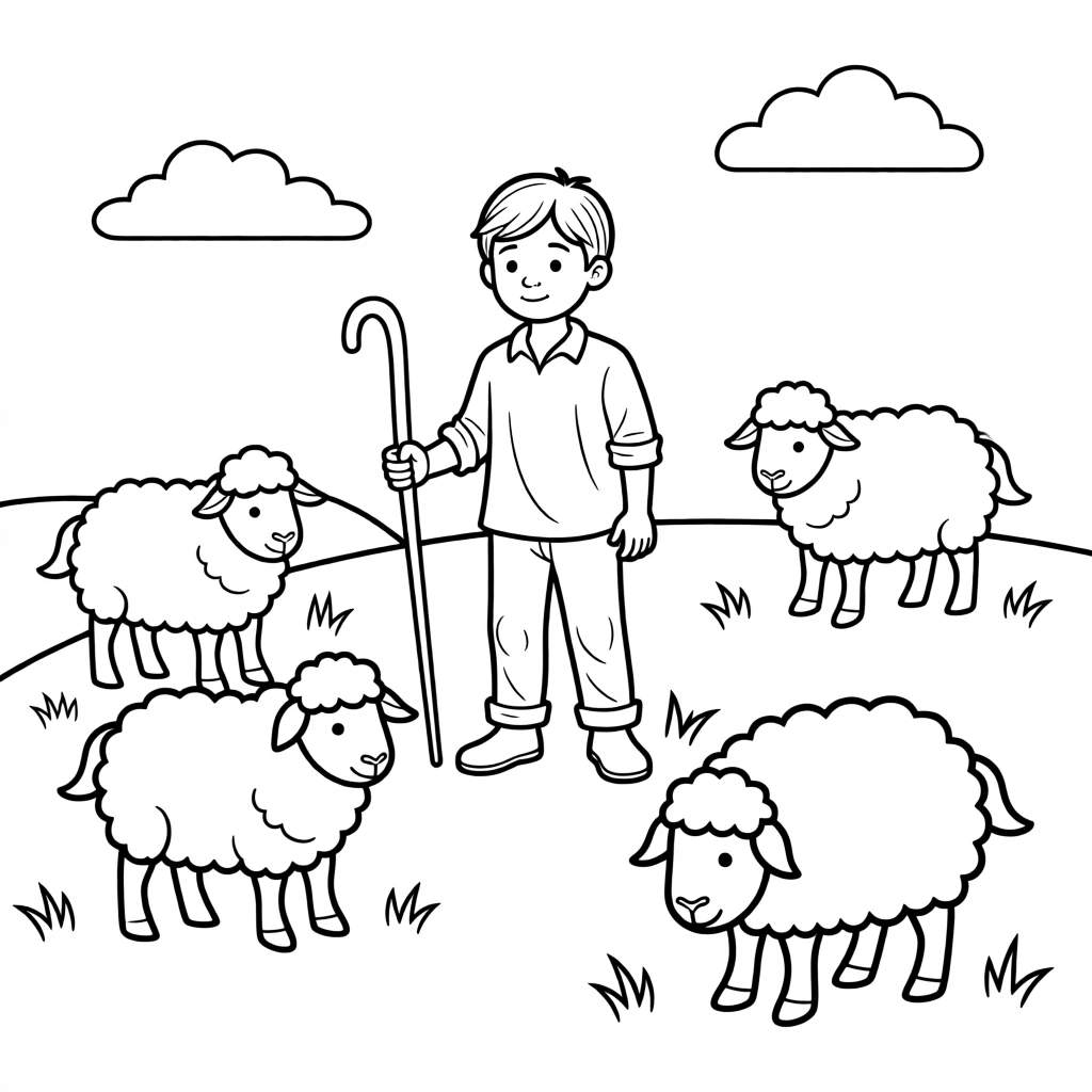A shepherd boy watching over sheep on a green hillside