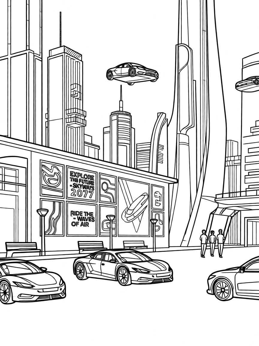 A futuristic city with flying cars weaving between towers, with a poster wall visible in the background.