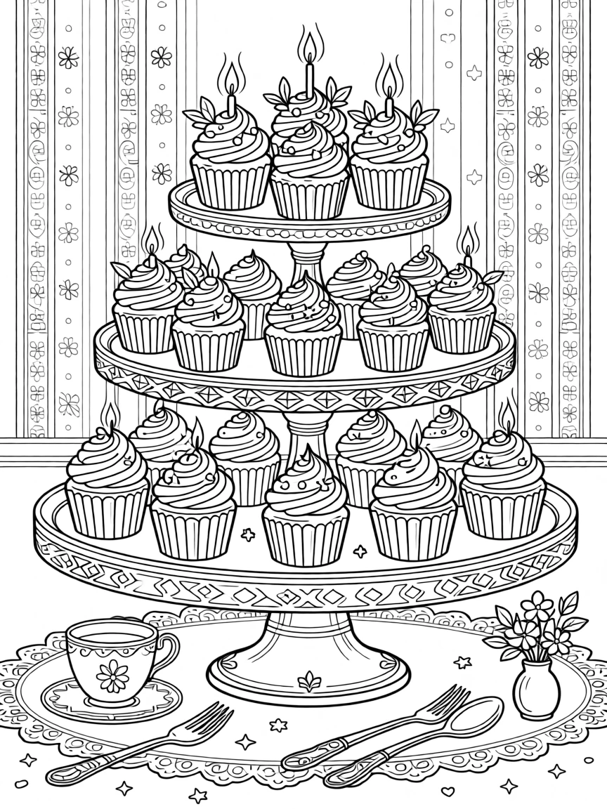A gourmet cupcake display with swirled frosting in pastel shades.