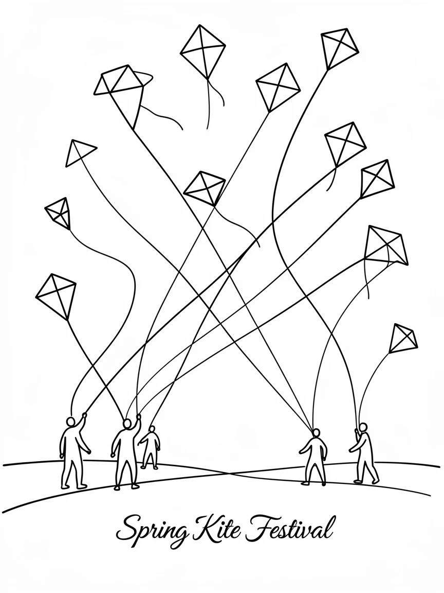 A springtime kite festival with dozens of kites filling the sky