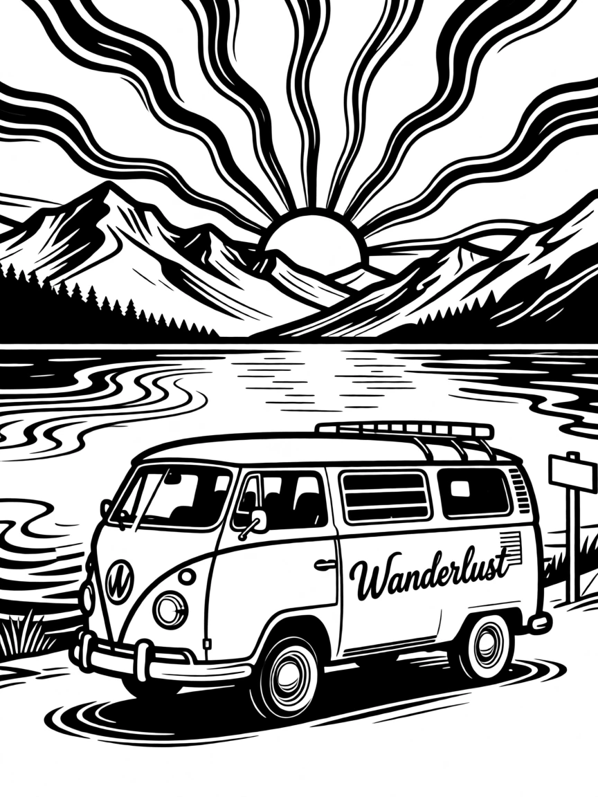 A retro camper van parked beside a mountain lake at sunrise.