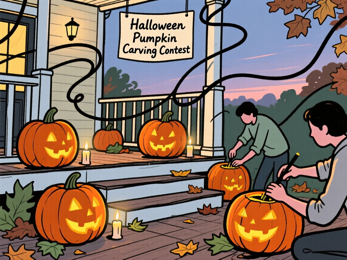 A Halloween pumpkin carving contest on a porch at dusk.
