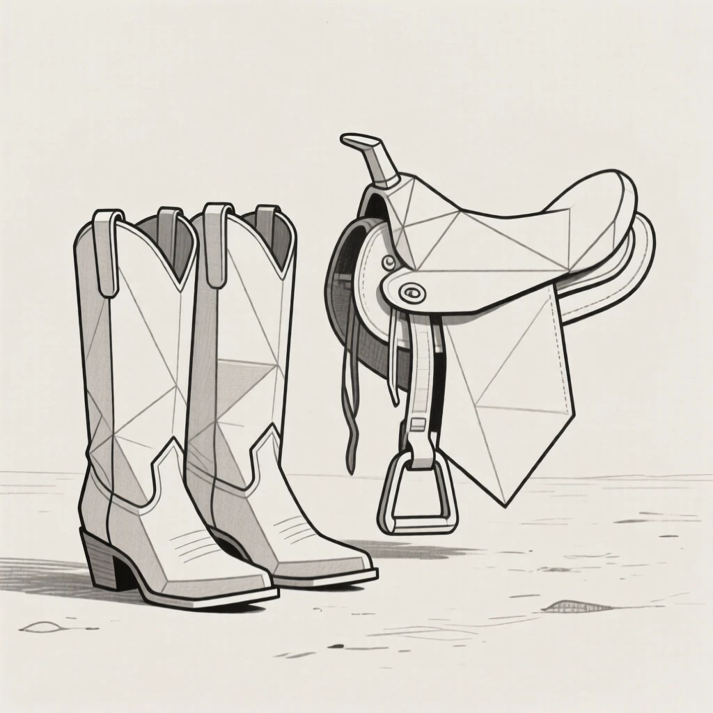A pair of cowboy boots standing beside a saddle