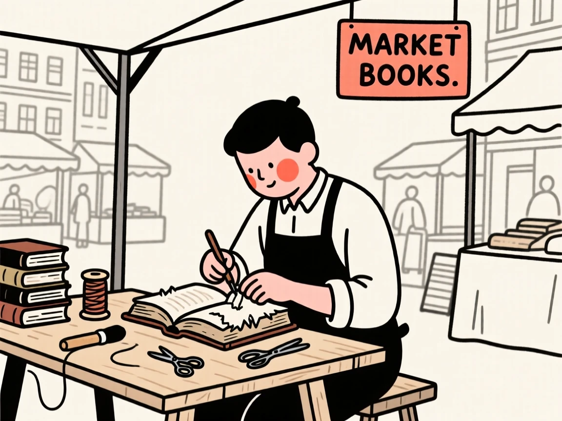 A bookbinder repairing an old volume in a bustling city market.