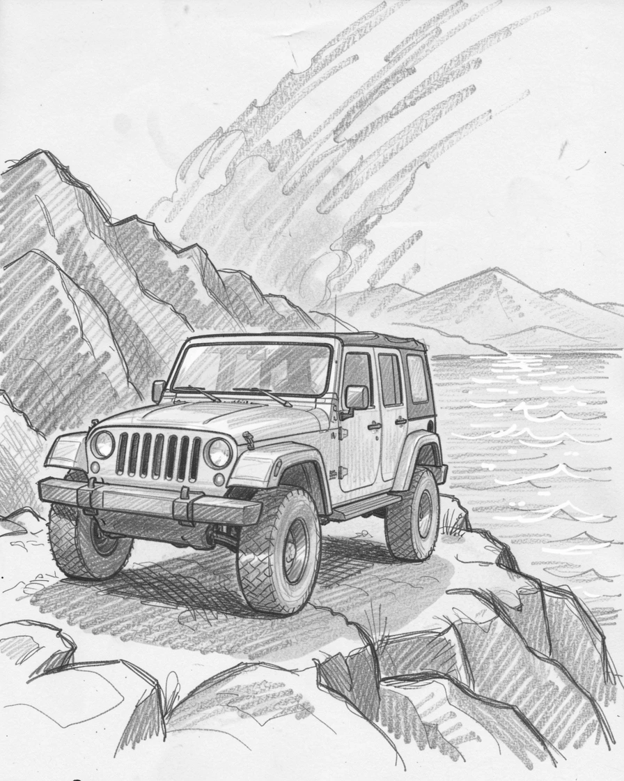 A striking scene of a rugged jeep parked at a mountain overlook beside a sparkling harbor, with a trail of dust rising behind it.