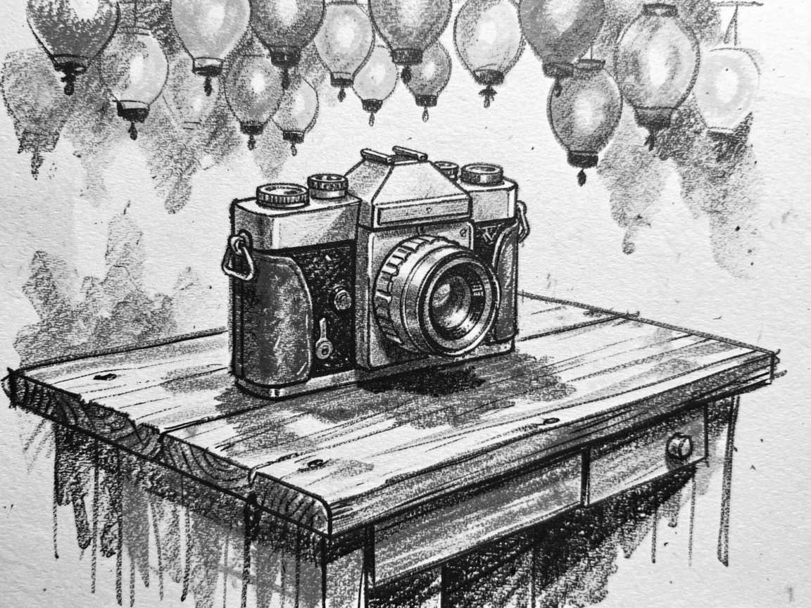 A vintage camera resting on an old wooden desk, under a canopy of colorful lanterns.