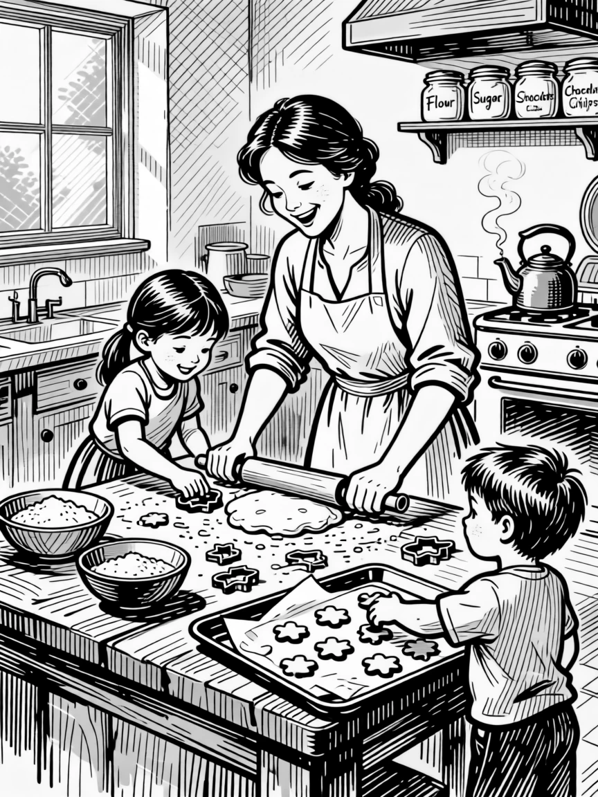 A woman baking cookies with her children in a warm kitchen.