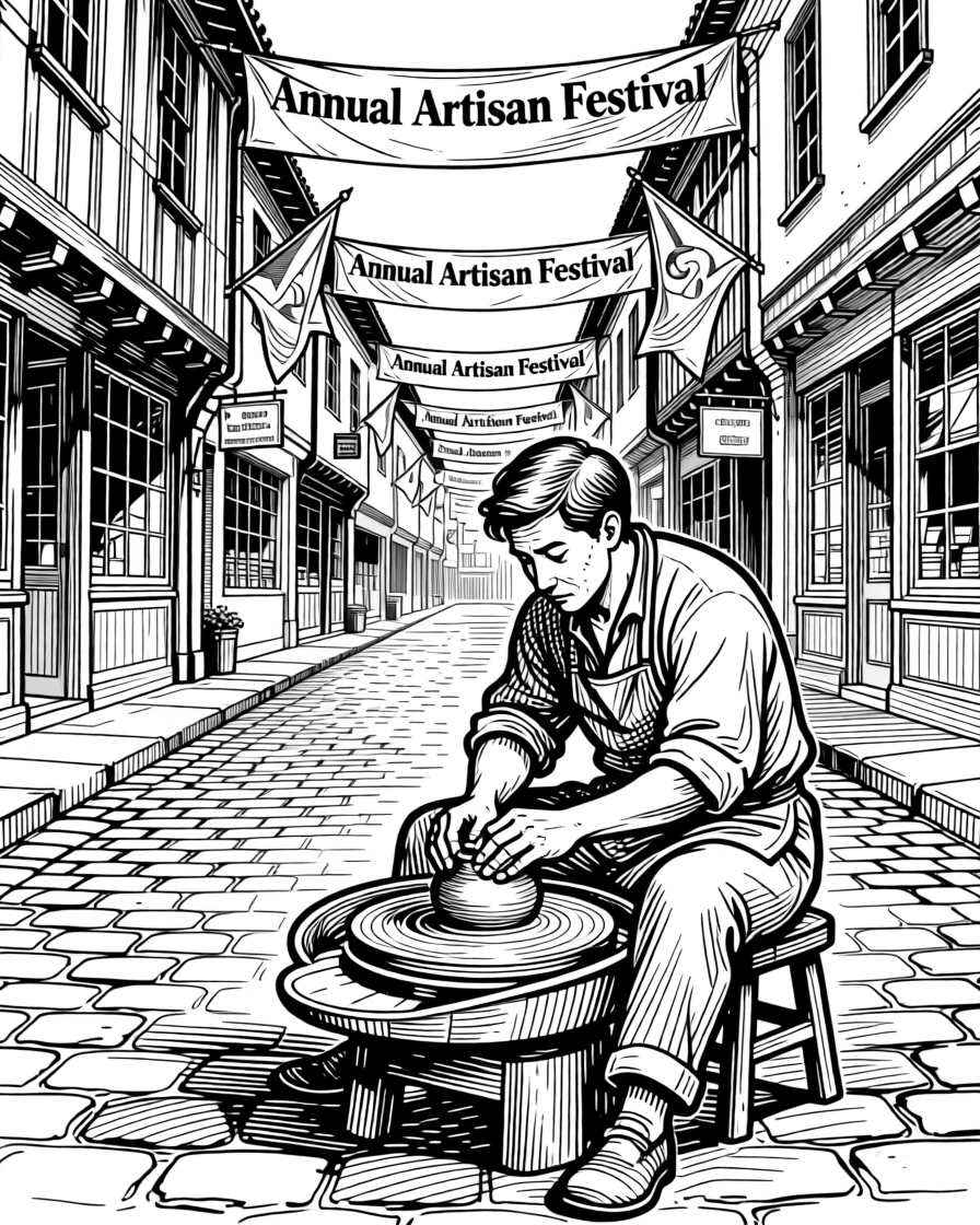 A potter shaping clay at a traditional wheel on a cobbled street lined with old shopfronts, with banners and flags marking the occasion, portrayed in a peacefully ceremonial historical scene.