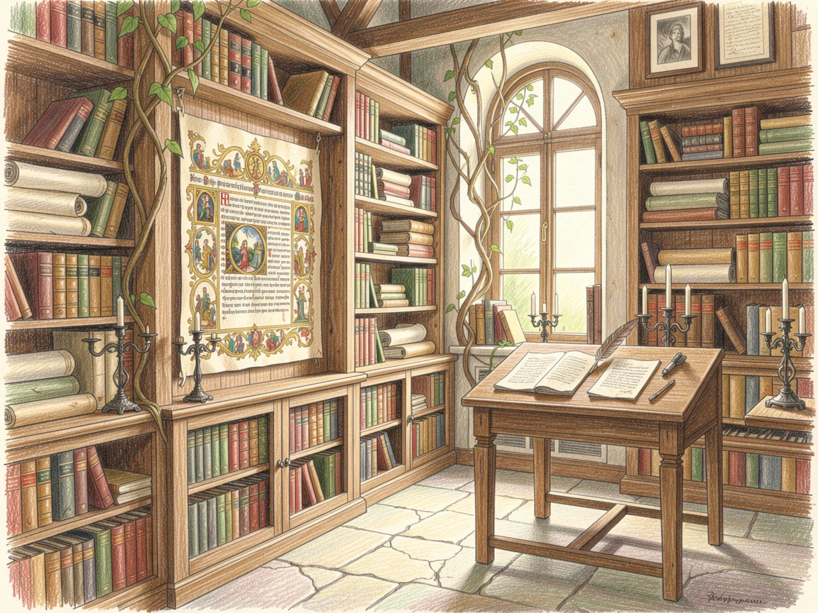 A quiet monastery library filled with ancient illuminated manuscripts, with rich, inviting textures throughout the scene, radiating comfort, joy, and quiet beauty.