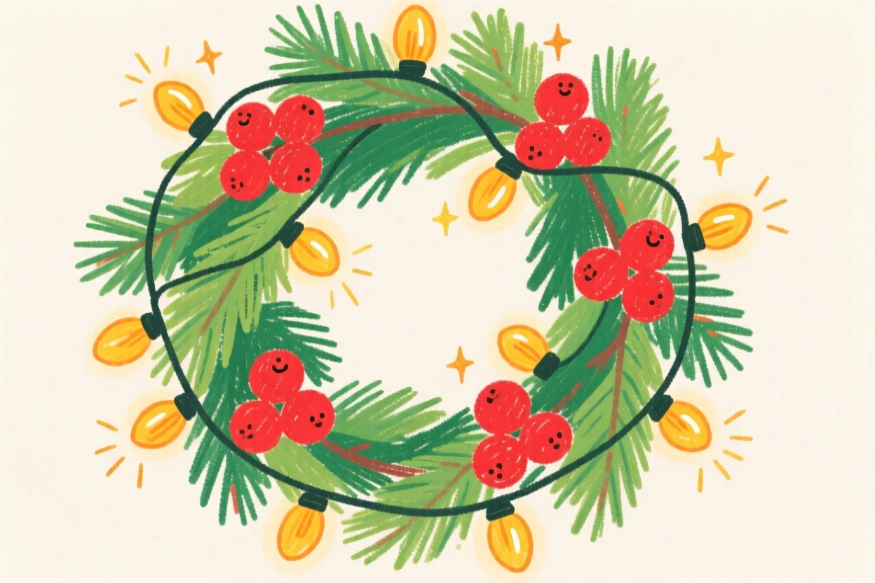 A wreath of pine and berries lit by strings of warm twinkling lights.