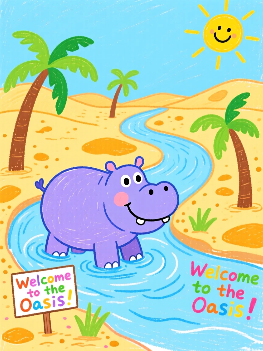 A hippopotamus wading in a river near a winding desert oasis.