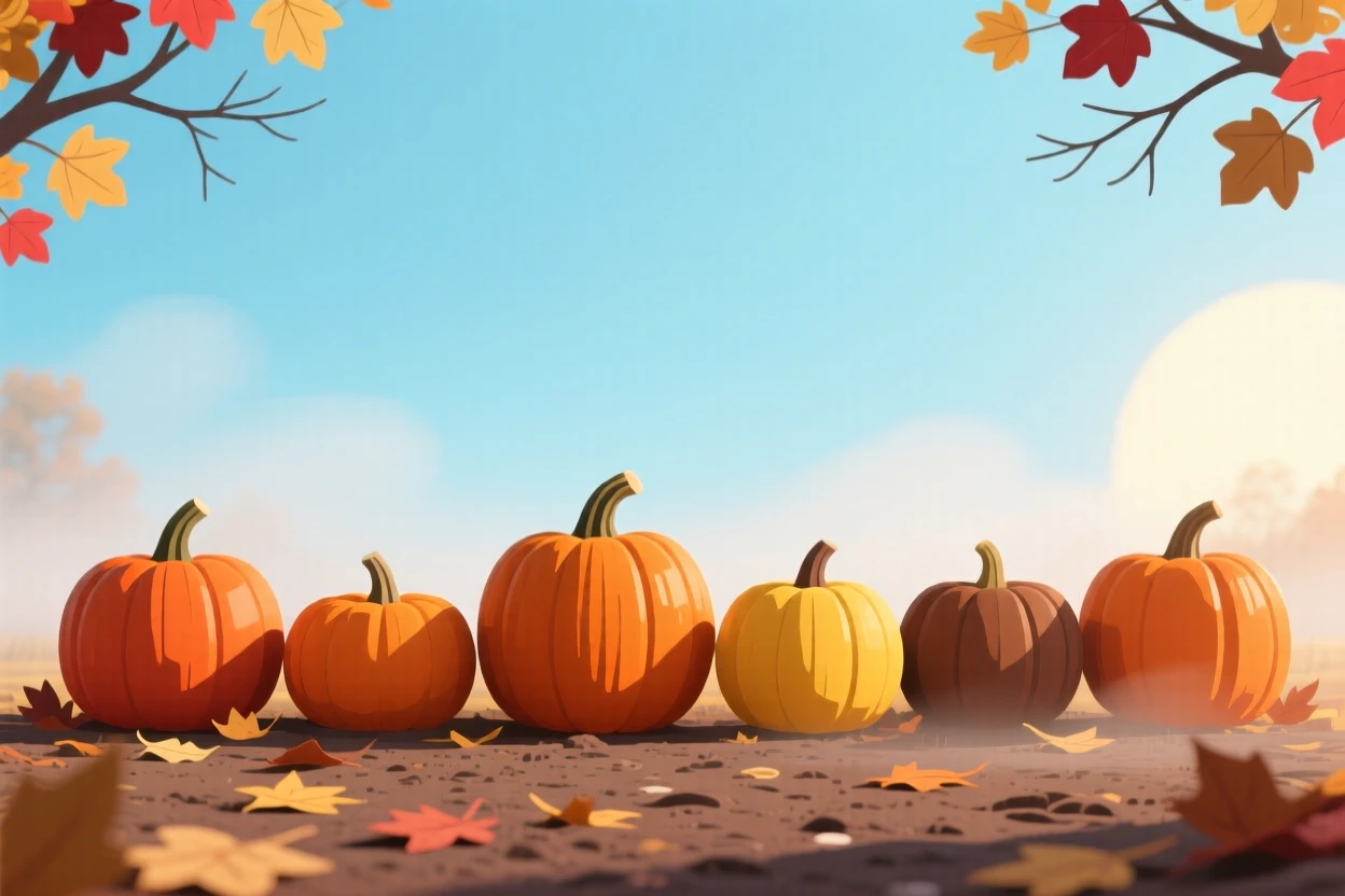 A row of pumpkins lined up for an autumn harvest festival, set against a crisp, clear seasonal sky, framed with soft atmospheric depth fitting the season, with a fresh, crisp atmosphere throughout.