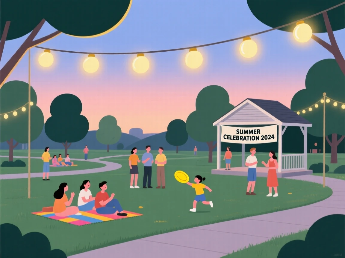 A summer celebration with glowing lights filling a community park.