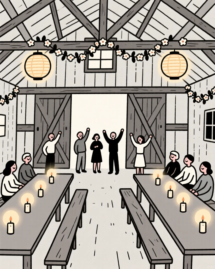 A joyful garden reception taking place in a rustic barn, decorated with glowing candles, full of festive excitement.