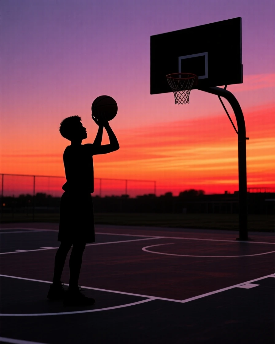 A young athlete practicing free throws alone on an empty court at dusk.