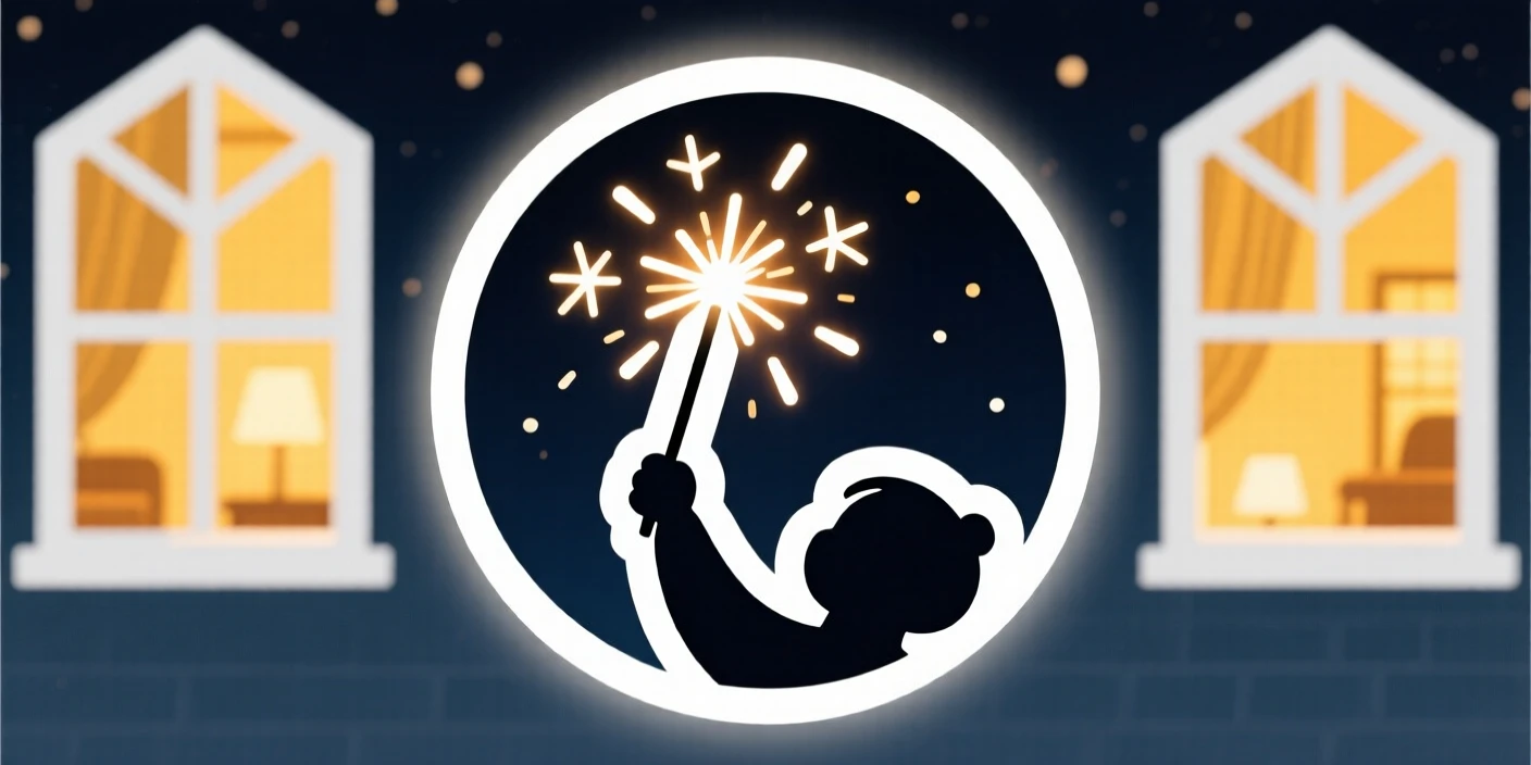 A festive and joyful sparkler held up against a night sky, with warm light spilling from nearby windows, during a beloved yearly tradition.