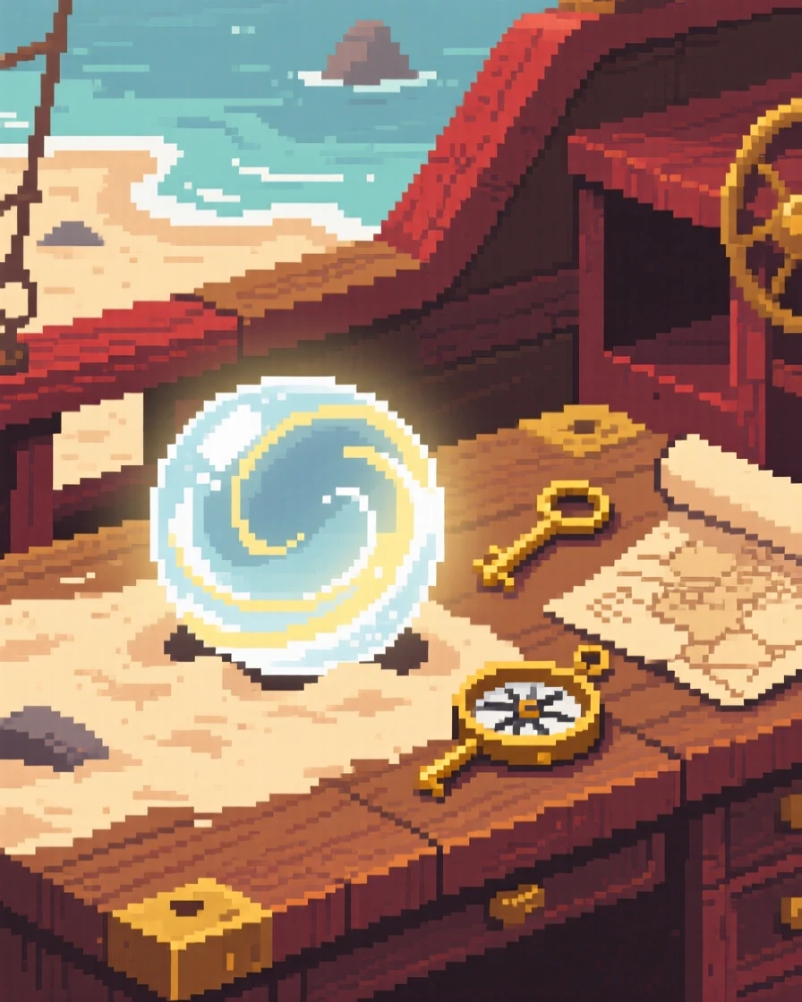 A crystal orb swirling with light half-buried in sand on a forgotten beach, on a captain's desk aboard an old ship.