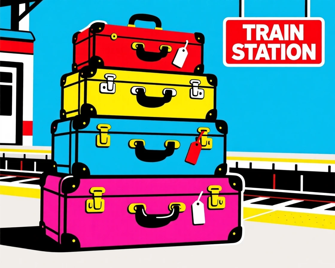 Vintage suitcase stack in a train station