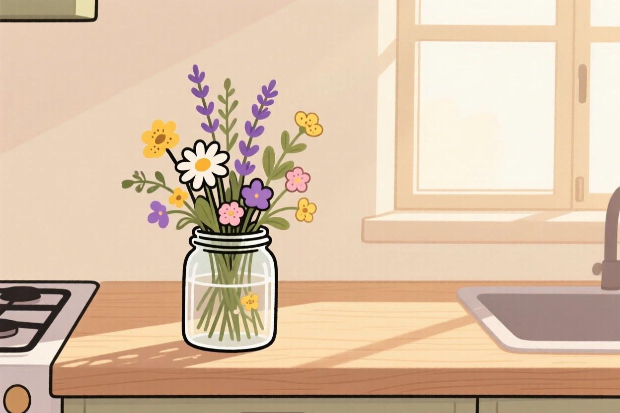 A kitchen counter holds a simple arrangement of fresh-cut wildflowers in a glass jar, lit softly by morning sun beside a open window.