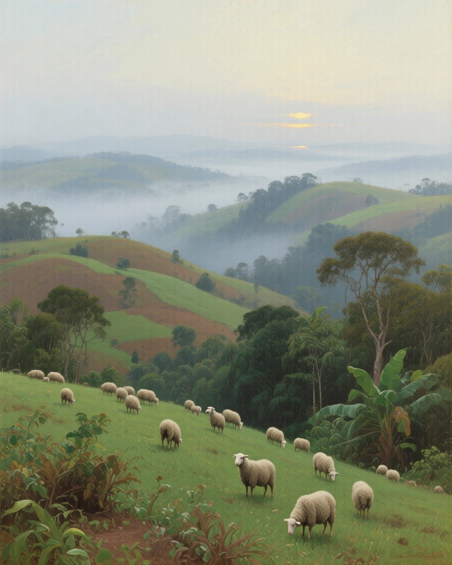 A wide establishing shot of rolling countryside hills dotted with grazing sheep, in the Amazon rainforest, in deep winter, in thick fog.