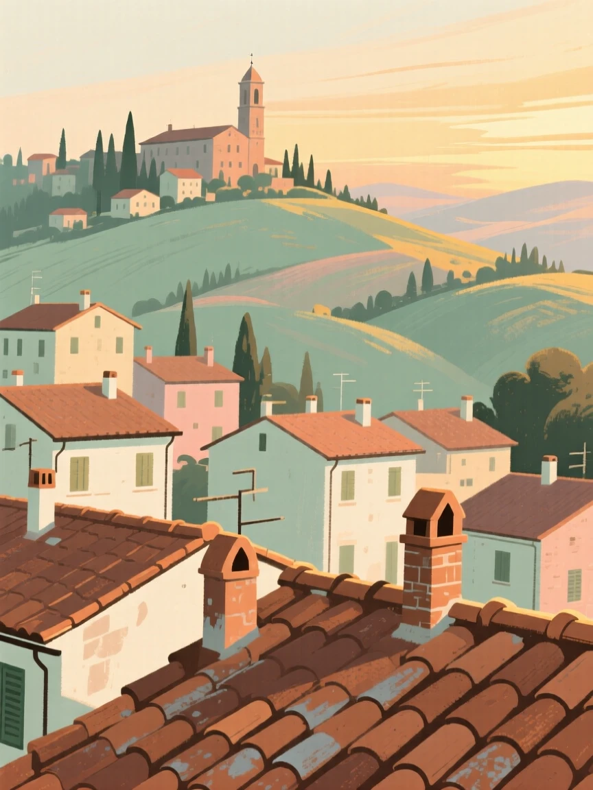 The terracotta rooftops of a Tuscan hill town at dusk