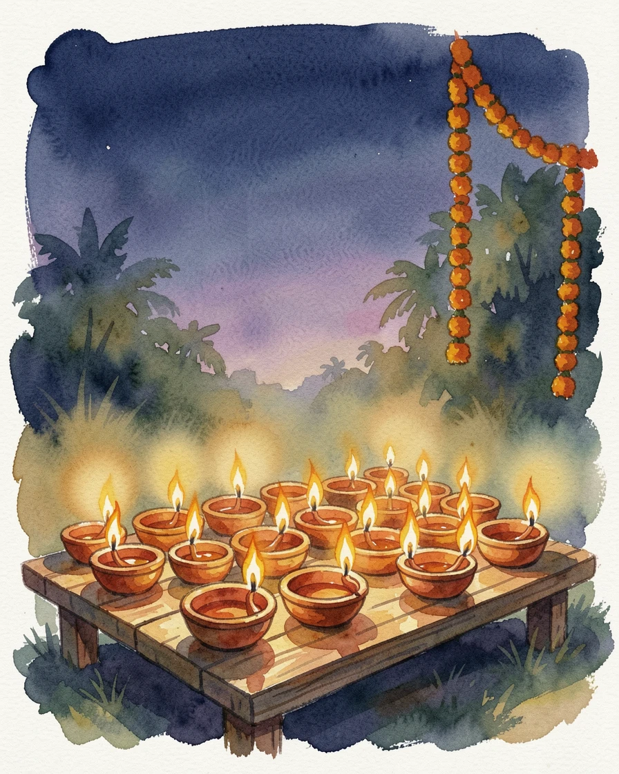 A Diwali celebration with rows of glowing oil lamps.