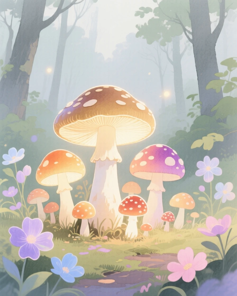 A dreamlike scene of a glowing mushroom forest, surrounded by luminous flowers, inviting quiet wonder and imagination