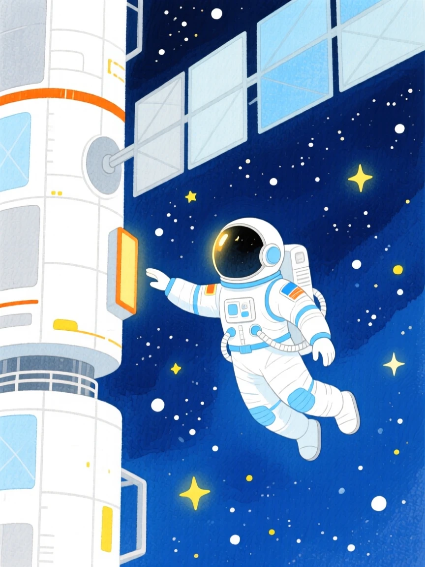 A dazzling view of an astronaut floating weightlessly beside a space station.