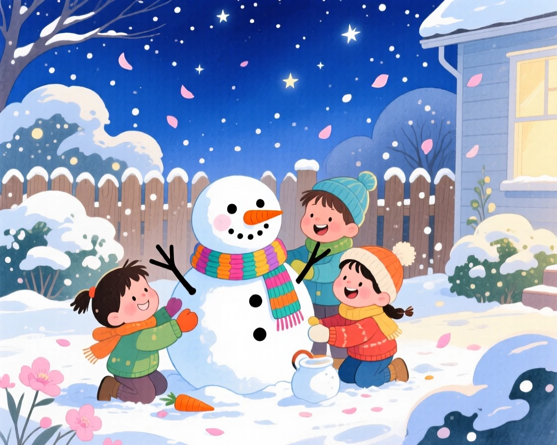 Children building a snowman with a carrot nose, in a snow-covered front yard under twinkling stars, with soft snow or petals drifting gently through the scene, evoking the simple magic of winter play.
